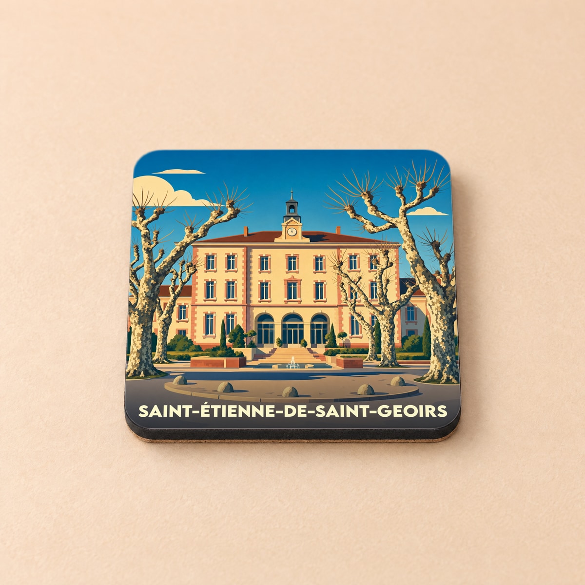 Dessous de verre souvenir de la ville de Saint-Étienne-de-Saint-Geoirs avec une illustration stylisée de son hôtel de ville.