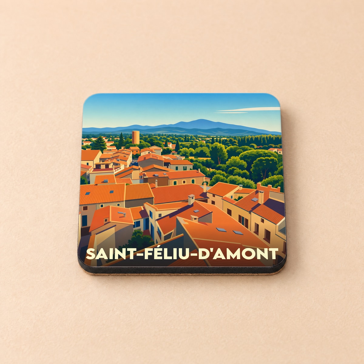 Dessous de verre souvenir de la ville de Saint-Féliu-d'Amont avec une illustration stylisée.