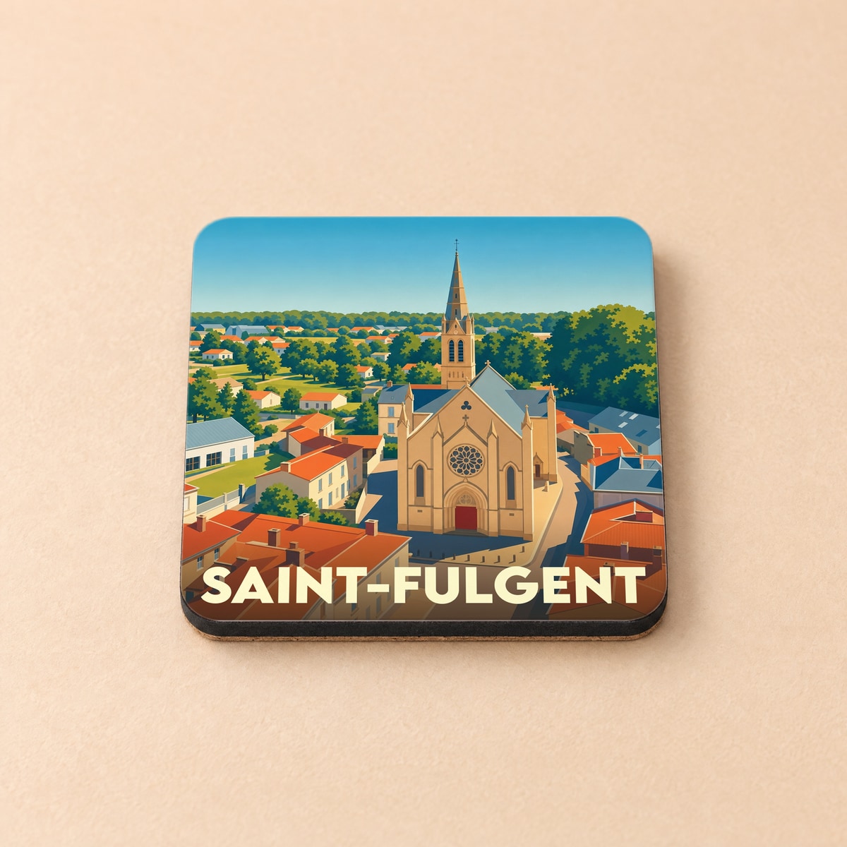 Dessous de verre souvenir de la ville de Saint-Fulgent avec une illustration stylisée de son église et de ses toits.