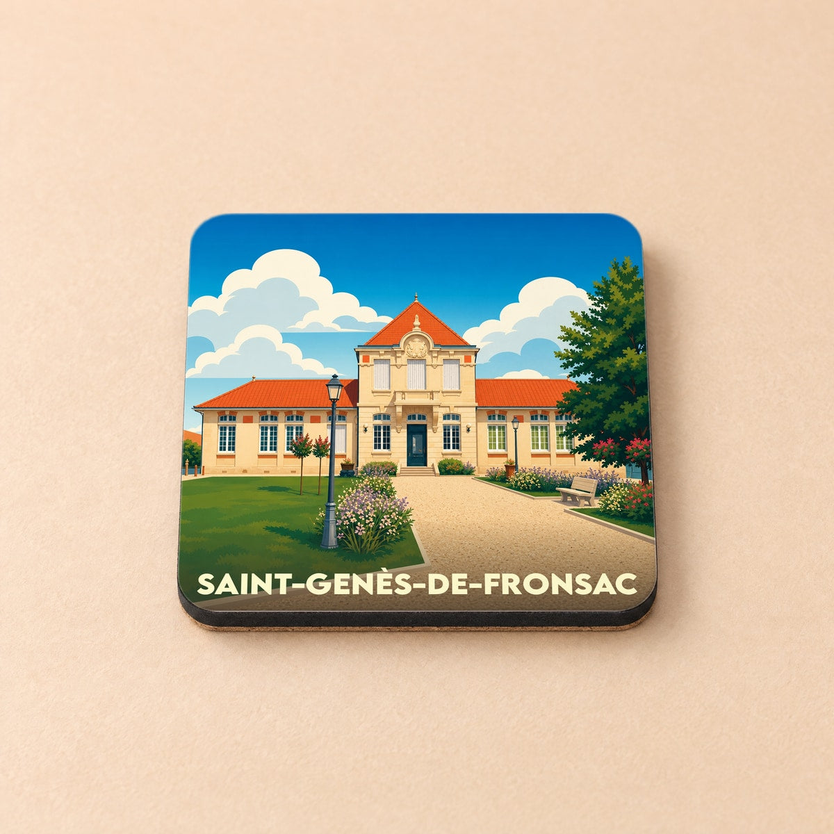 Dessous de verre souvenir de la ville de Saint-Genès-de-Fronsac avec une illustration stylisée de la mairie.