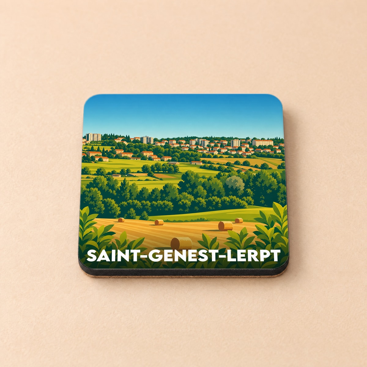 Dessous de verre souvenir de la ville de Saint-Genest-Lerpt avec une illustration de paysages vallonnés.