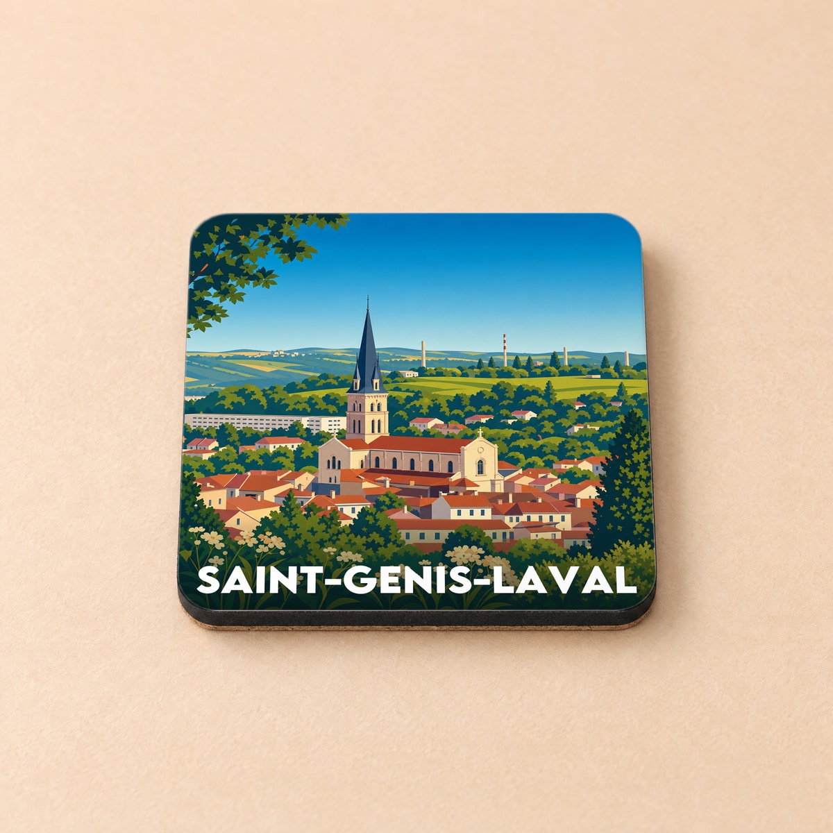 Dessous de verre souvenir de la ville de Saint-Genis-Laval avec une illustration stylisée de son église et de ses paysages.