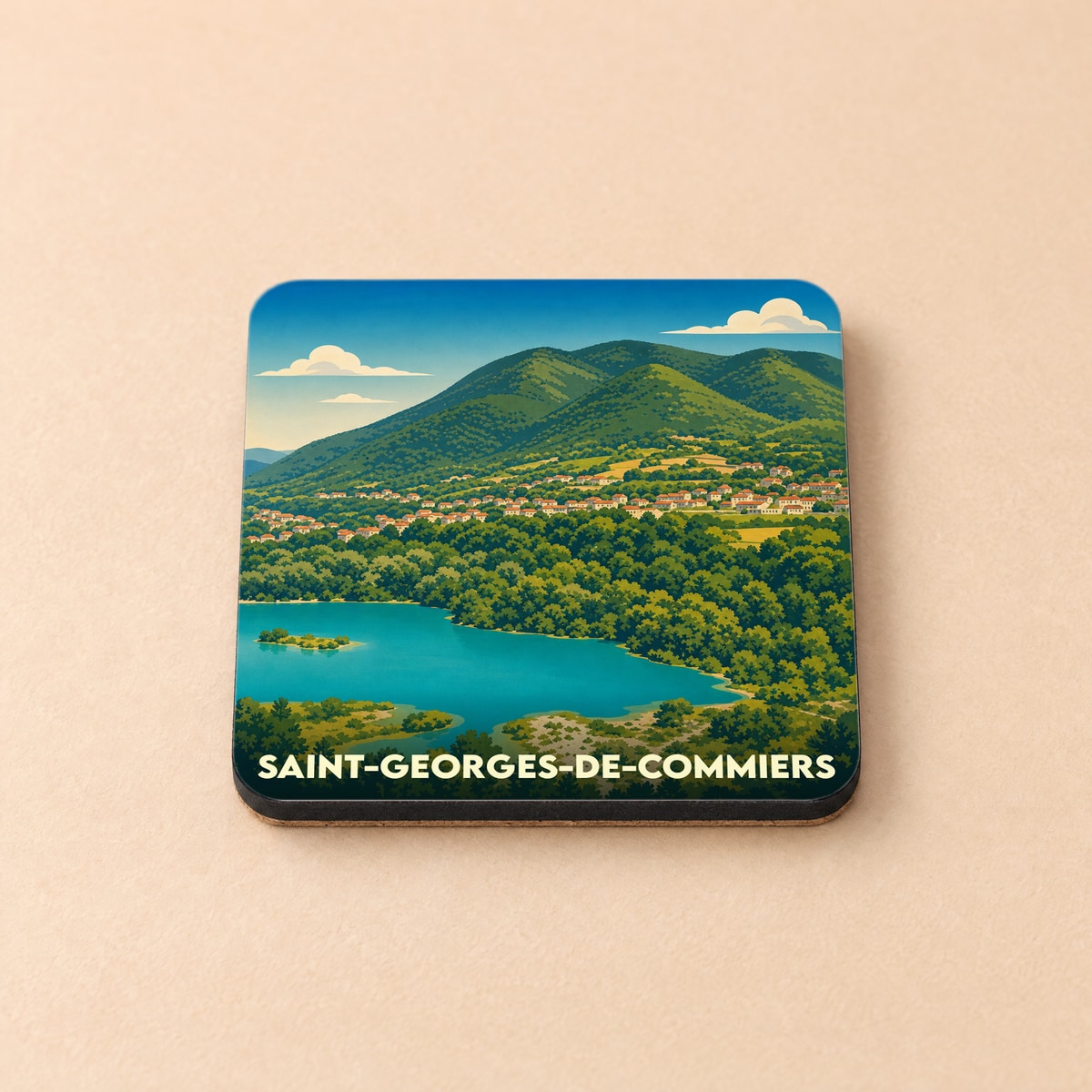 Dessous de verre souvenir de la ville de Saint-Georges-de-Commiers avec une illustration stylisée de son paysage.
