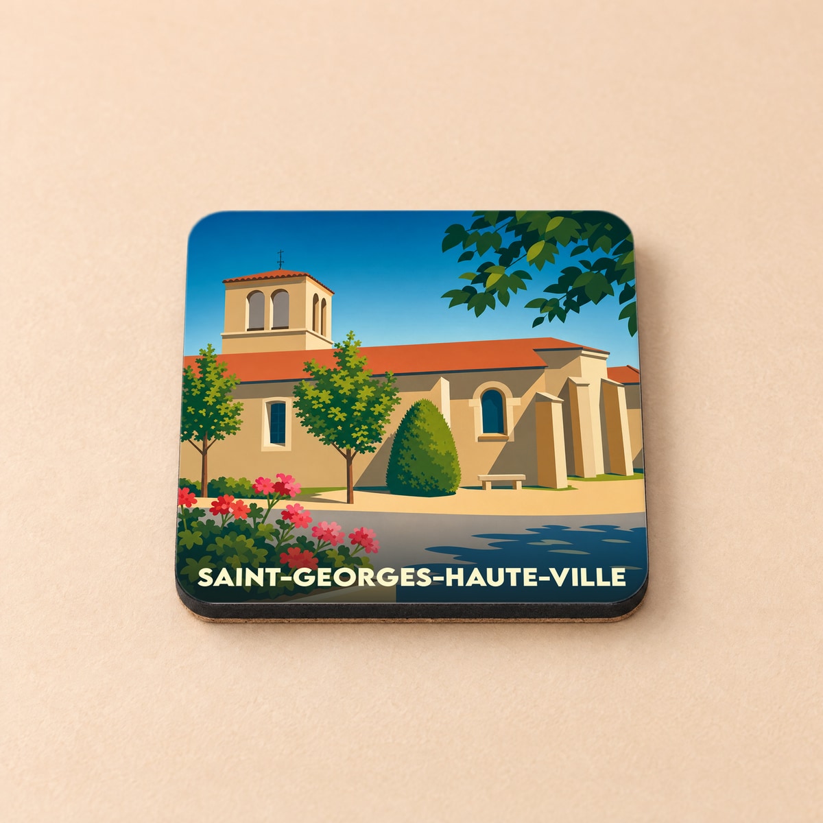 Dessous de verre souvenir de la ville de Saint-Georges-Haute-Ville avec une illustration stylisée de son église.