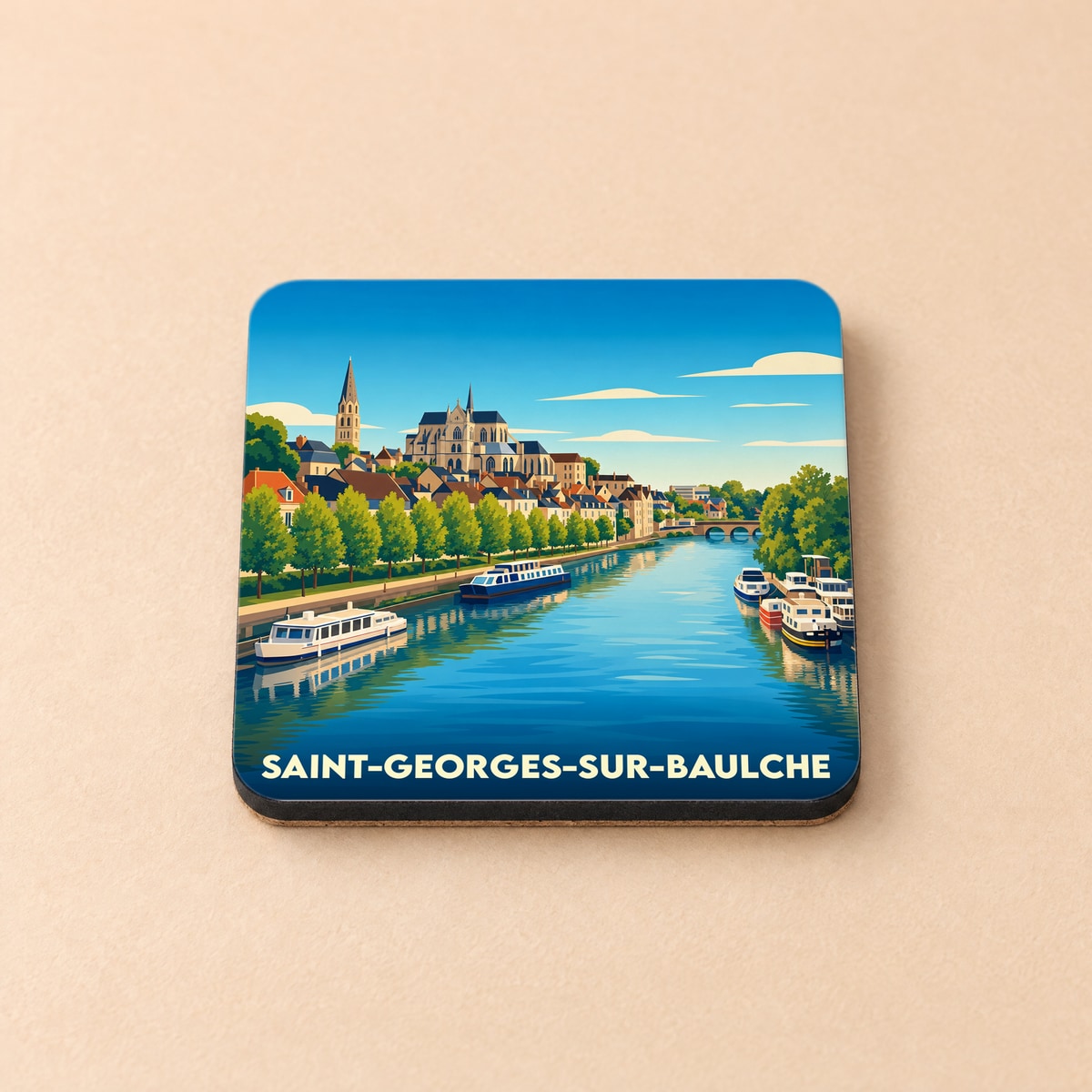 Dessous de verre souvenir de la ville de Saint-Georges-sur-Baulche avec une illustration stylisée d'un paysage fluvial.