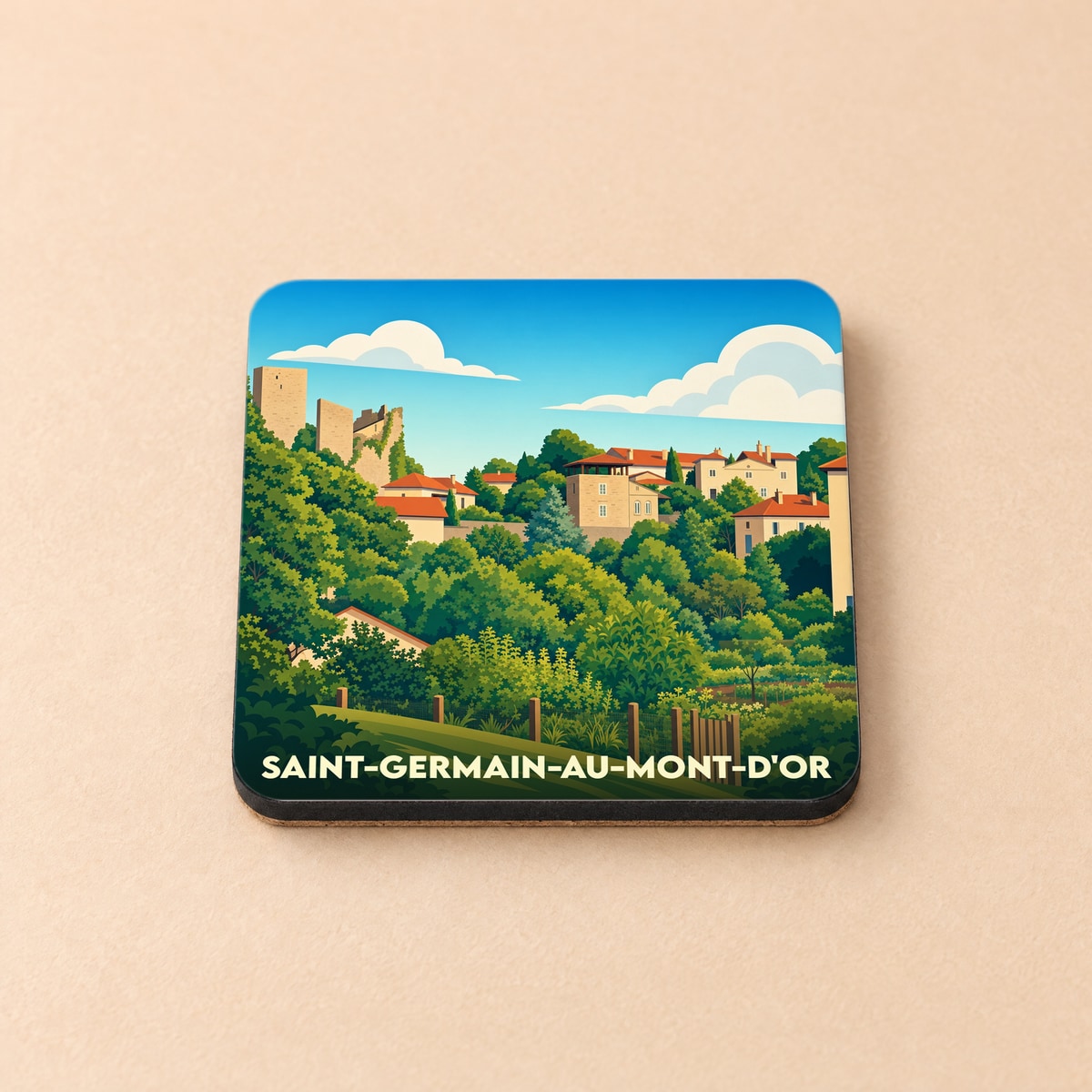 Dessous de verre souvenir de Saint-Germain-au-Mont-d'Or illustrant le village et son château dans un style graphique épuré.