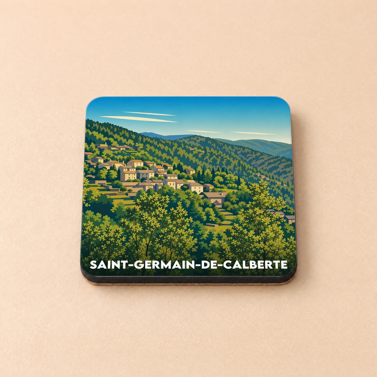 Dessous de verre souvenir de la ville de Saint-Germain-de-Calberte avec une illustration stylisée.