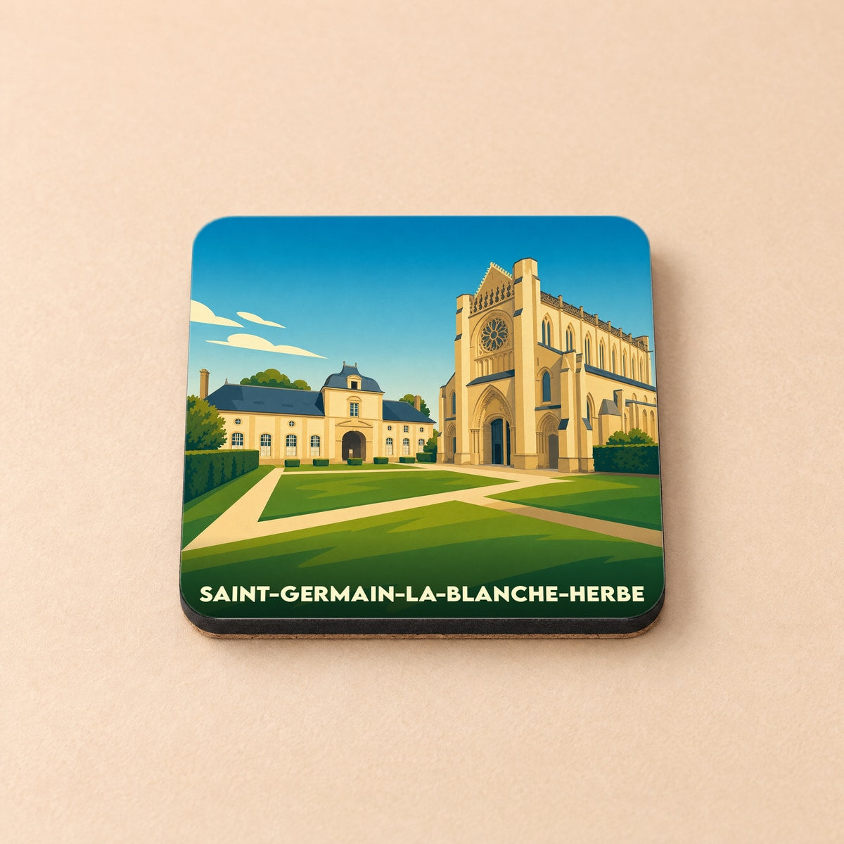 Dessous de verre souvenir de la ville de Saint-Germain-la-Blanche-Herbe avec une illustration stylisée de son patrimoine architectural.
