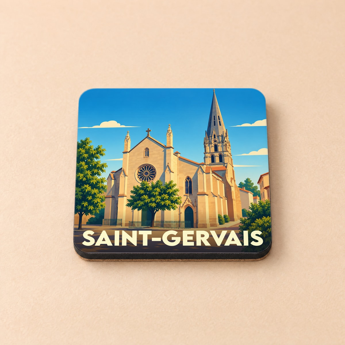 Dessous de verre souvenir de la ville de Saint-Gervais avec une illustration stylisée de son église.