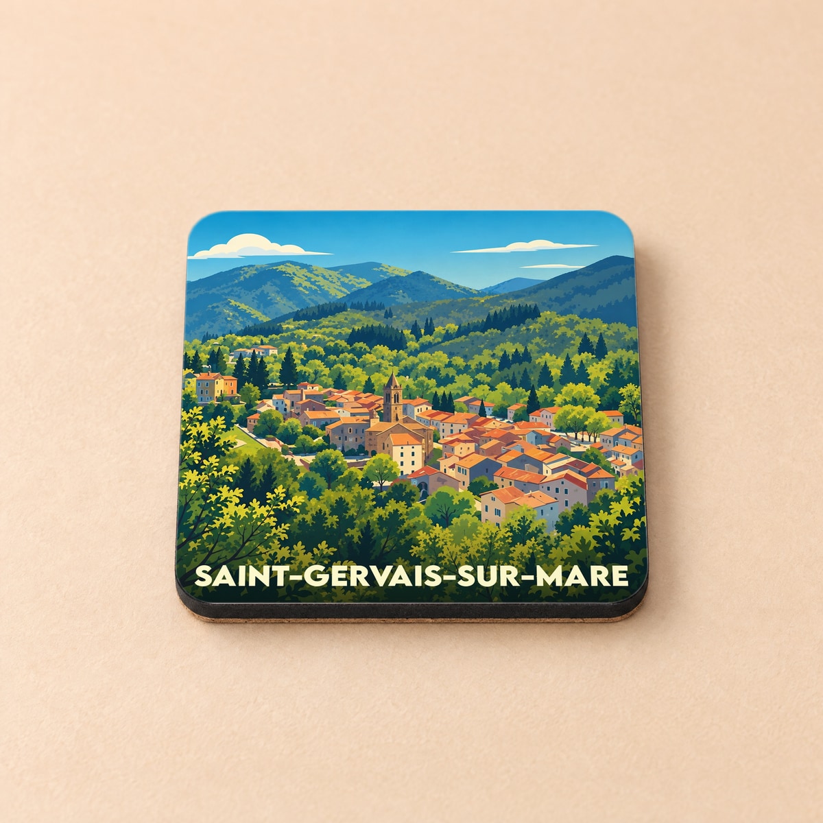 Dessous de verre souvenir de la ville de Saint-Gervais-sur-Mare avec une illustration stylisée.