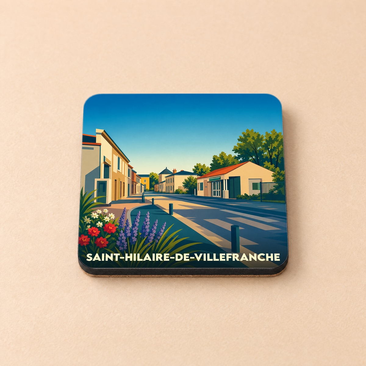 Dessous de verre souvenir de la ville de Saint-Hilaire-de-Villefranche avec une illustration stylisée d'une rue ensoleillée.