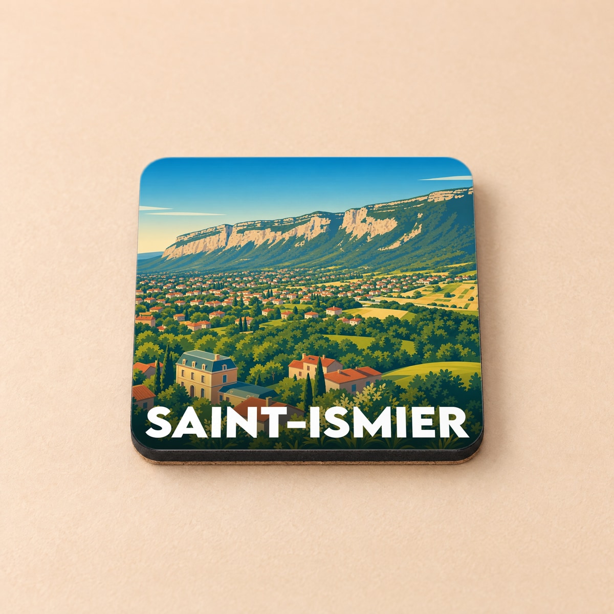 Dessous de verre souvenir de la ville de Saint-Ismier avec une illustration stylisée de son paysage montagneux.