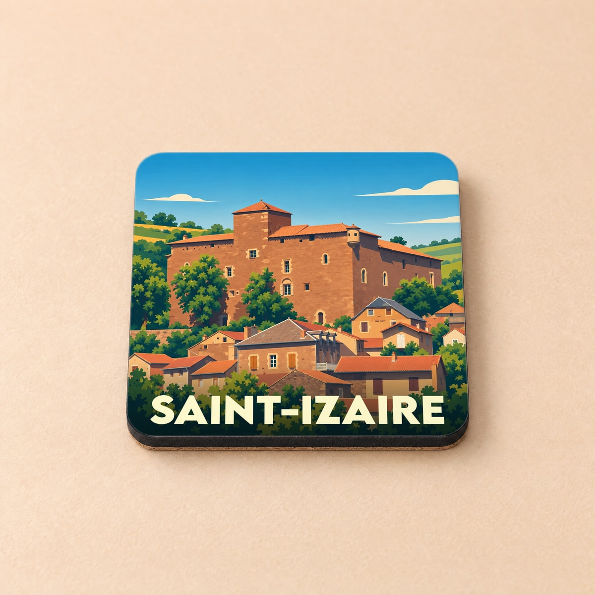 Dessous de verre souvenir de la ville de Saint-Izaire avec une illustration stylisée du village et de son château.