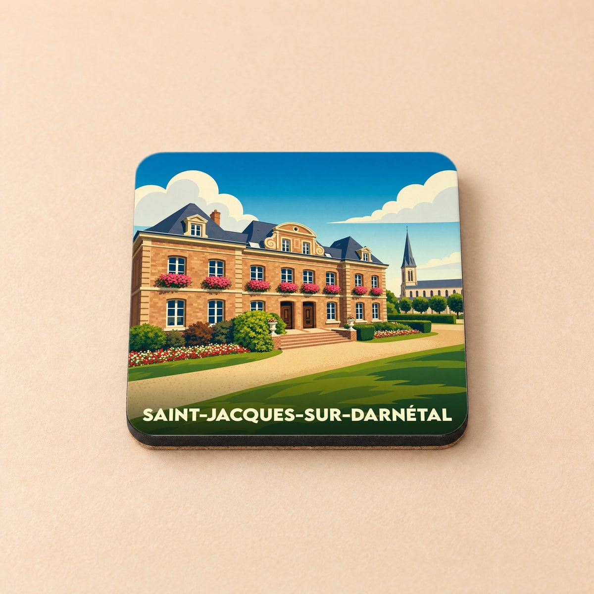 Dessous de verre souvenir de la ville de Saint-Jacques-sur-Darnétal avec une illustration stylisée.