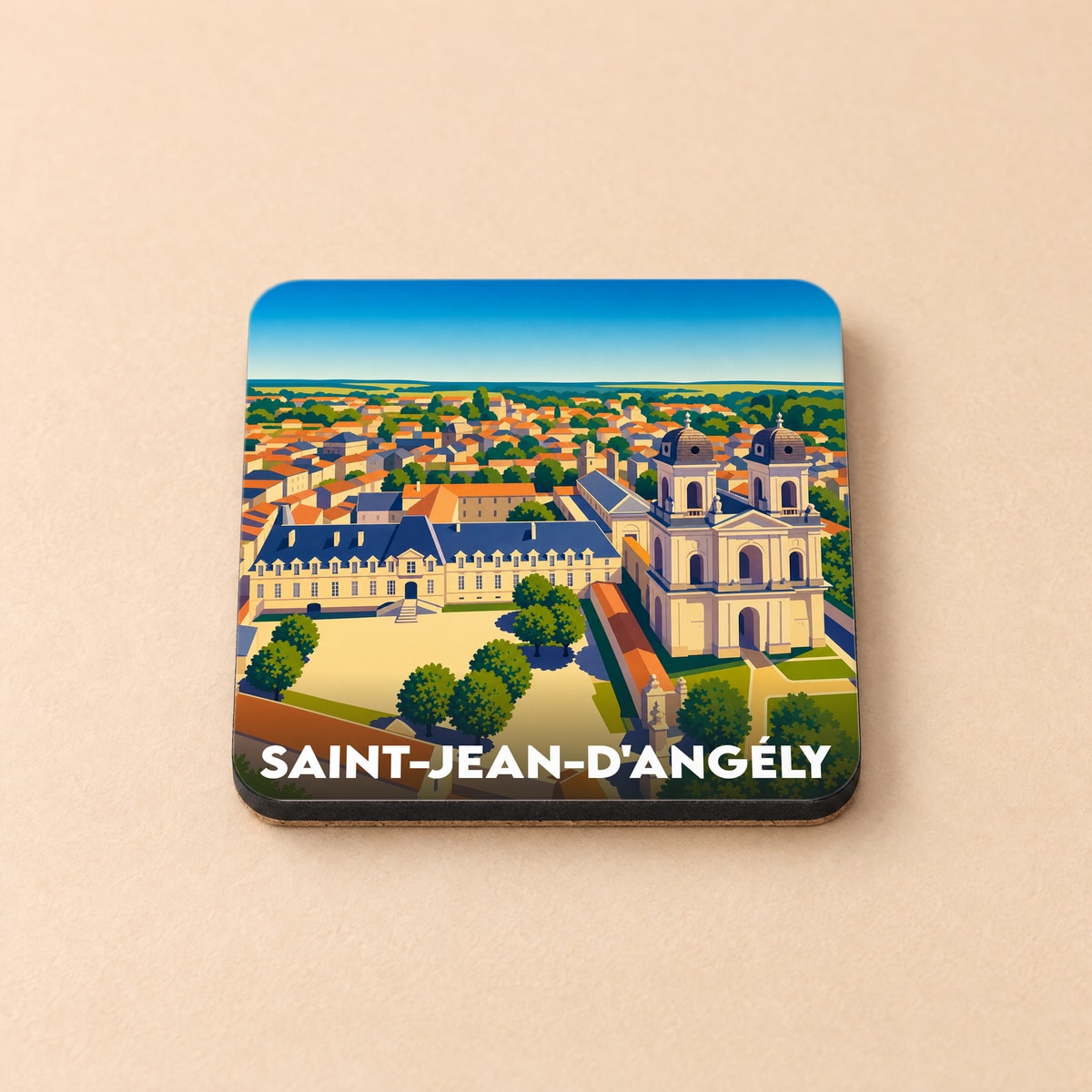 Dessous de verre souvenir de la ville de Saint-Jean-d'Angély avec une illustration stylisée.