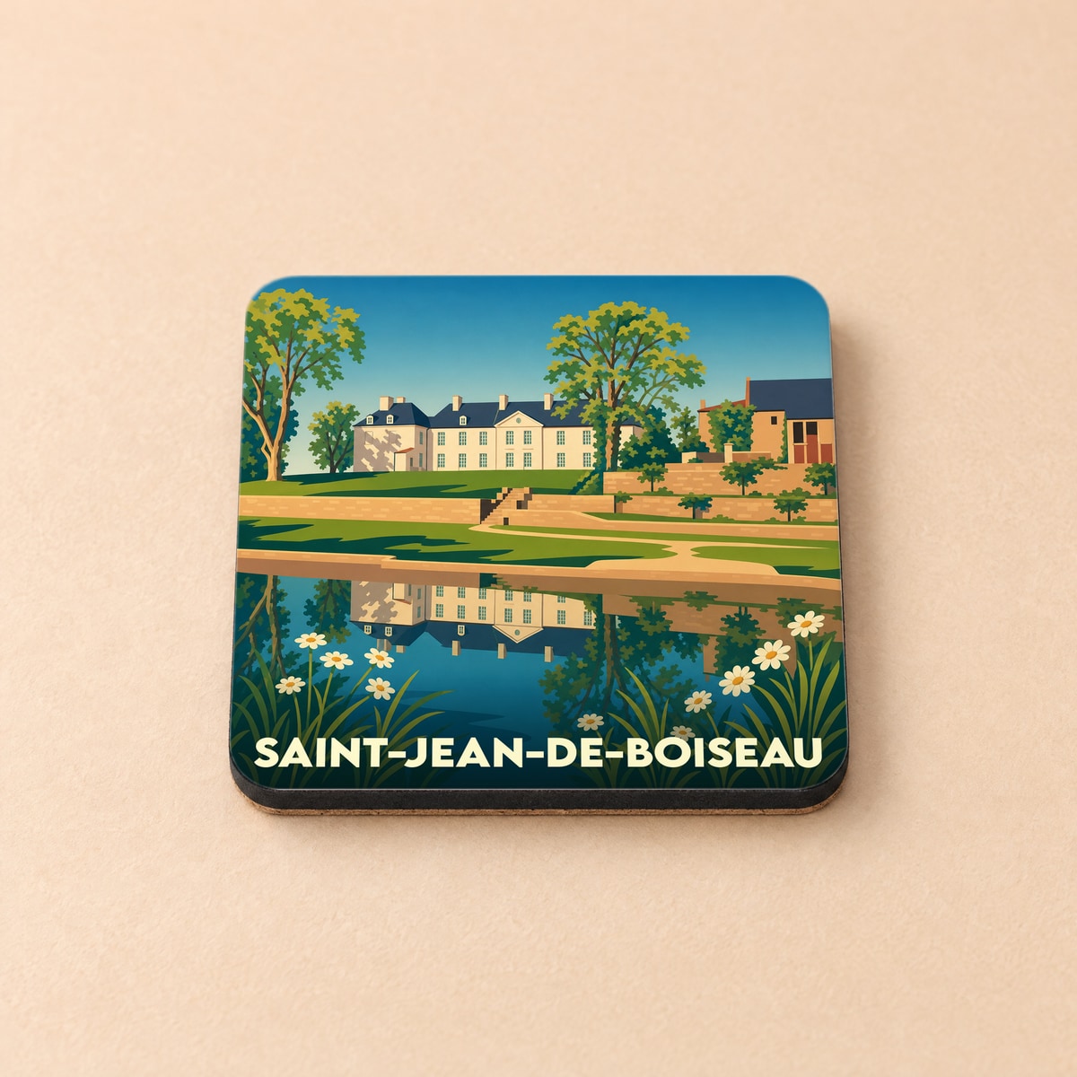 Dessous de verre souvenir de la ville de Saint-Jean-de-Boiseau avec une illustration stylisée.