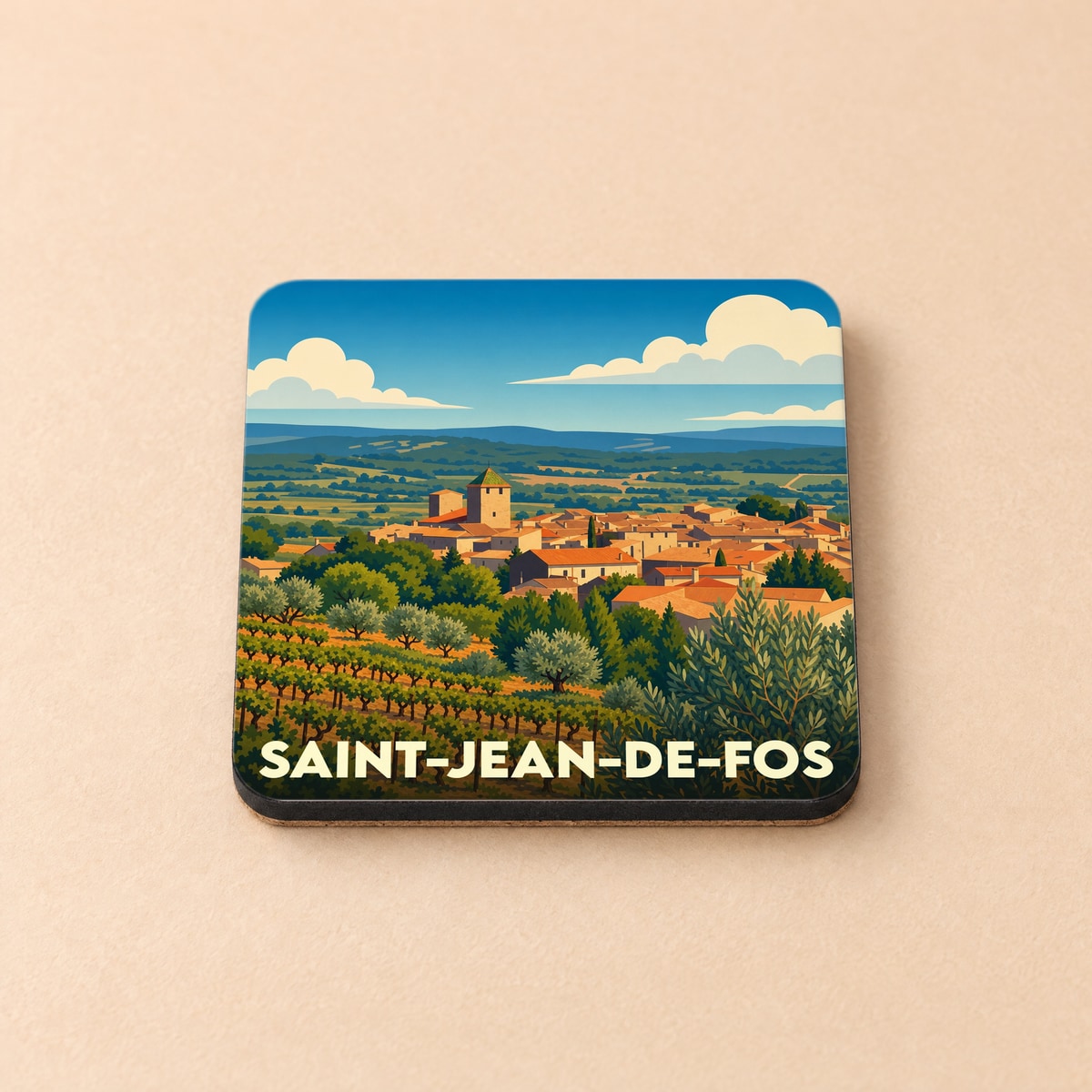 Dessous de verre souvenir de la ville de Saint-Jean-de-Fos avec une illustration de paysage stylisée.