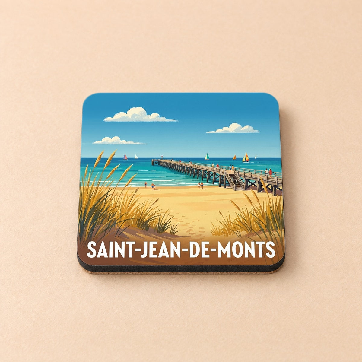 Dessous de verre souvenir de la ville de Saint-Jean-de-Monts avec une illustration stylisée de sa plage et de son estacade.