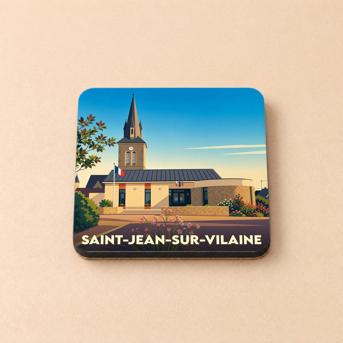 Dessous de verre souvenir de Saint-Jean-sur-Vilaine avec une illustration stylisée de la mairie et de l'église.