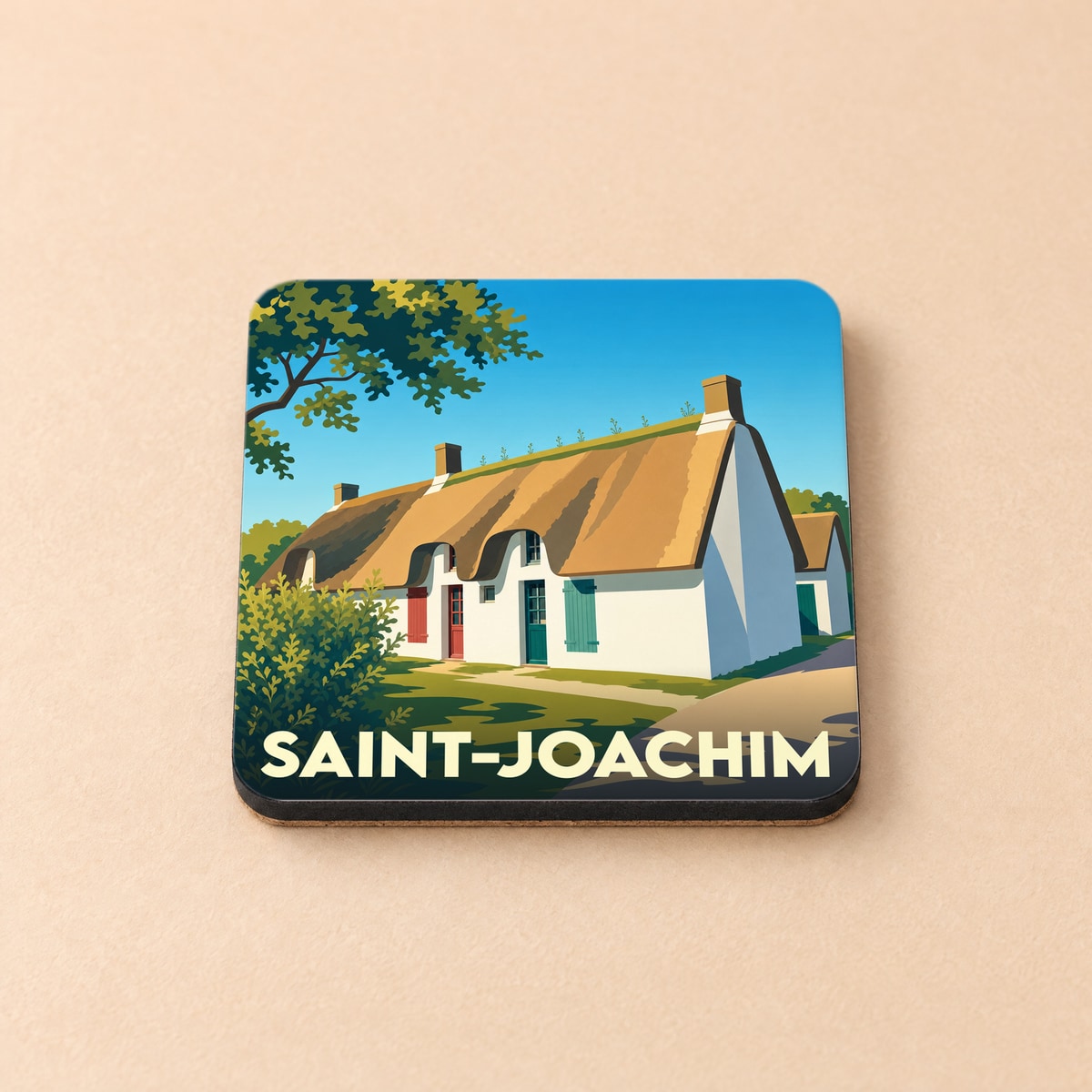 Dessous de verre souvenir de la ville de Saint-Joachim avec une illustration stylisée d'une chaumière traditionnelle.