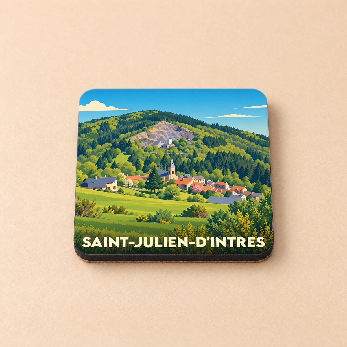 Dessous de verre souvenir de la ville de Saint-Julien-d'Intres avec une illustration stylisée de ses paysages.