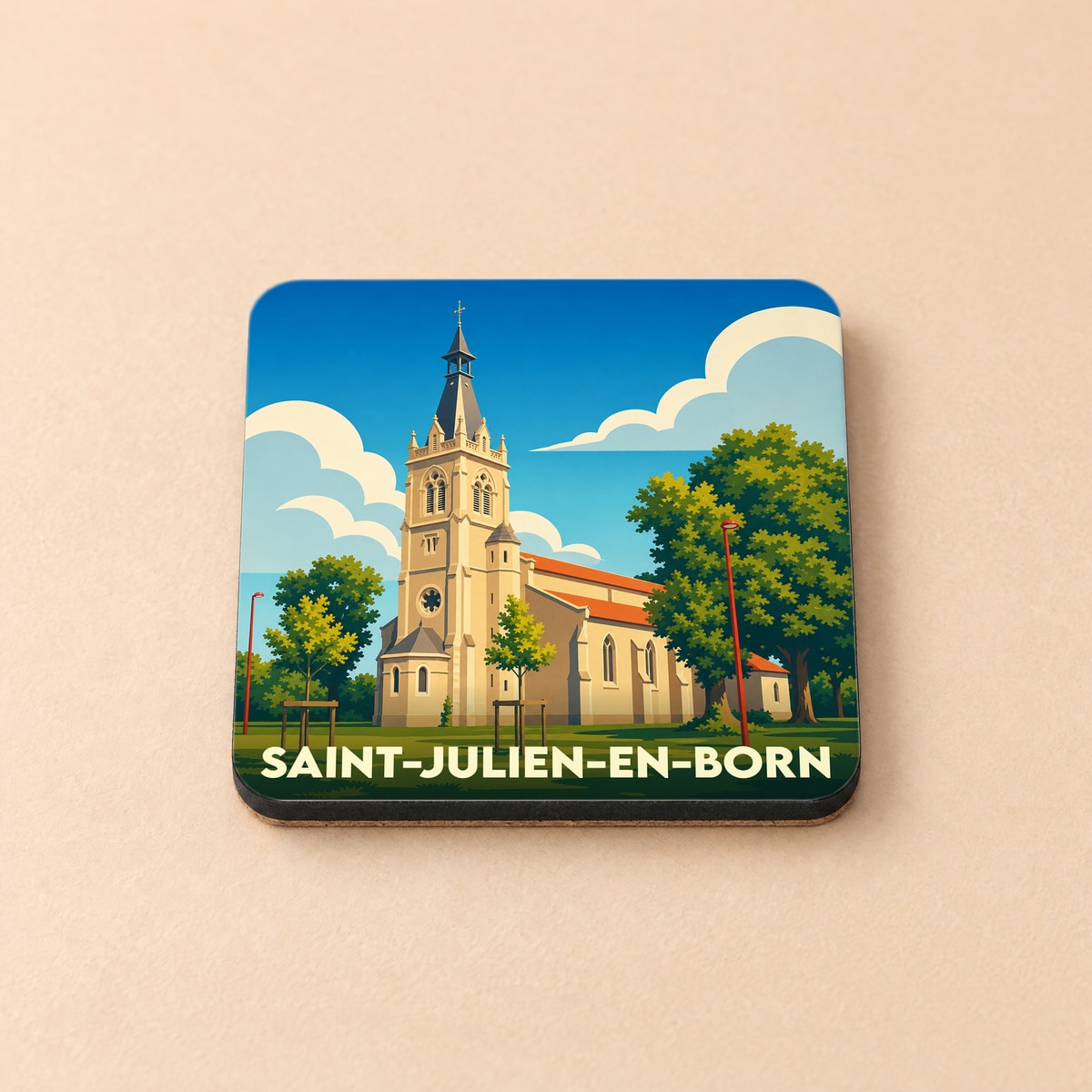 Dessous de verre souvenir de la ville de Saint-Julien-en-Born avec une illustration stylisée de son église.