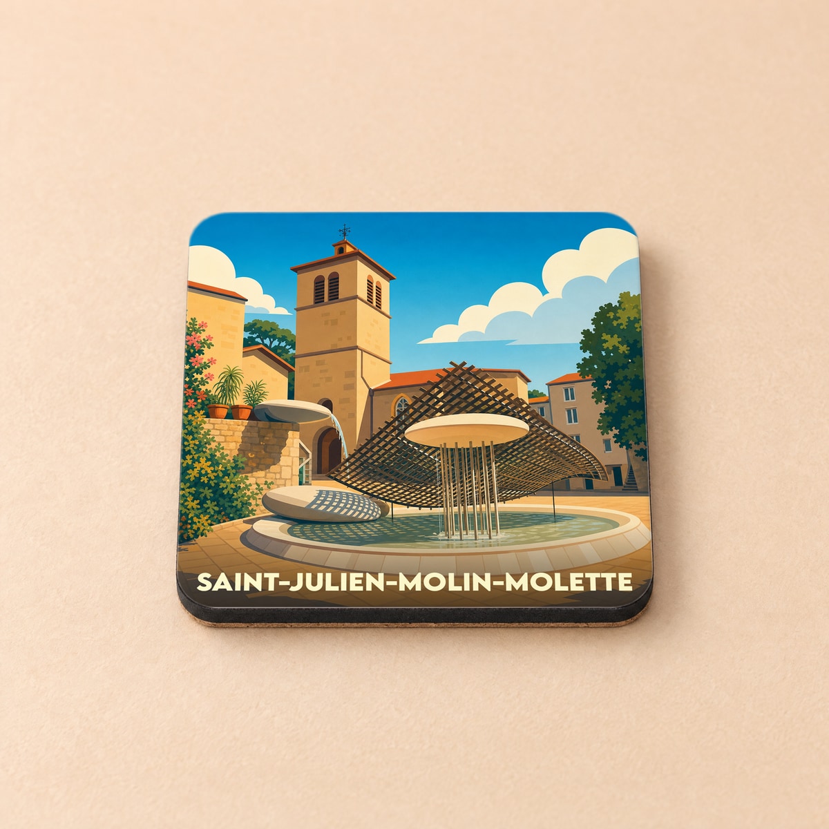 Dessous de verre souvenir de la ville de Saint-Julien-Molin-Molette avec une illustration stylisée de sa place centrale.