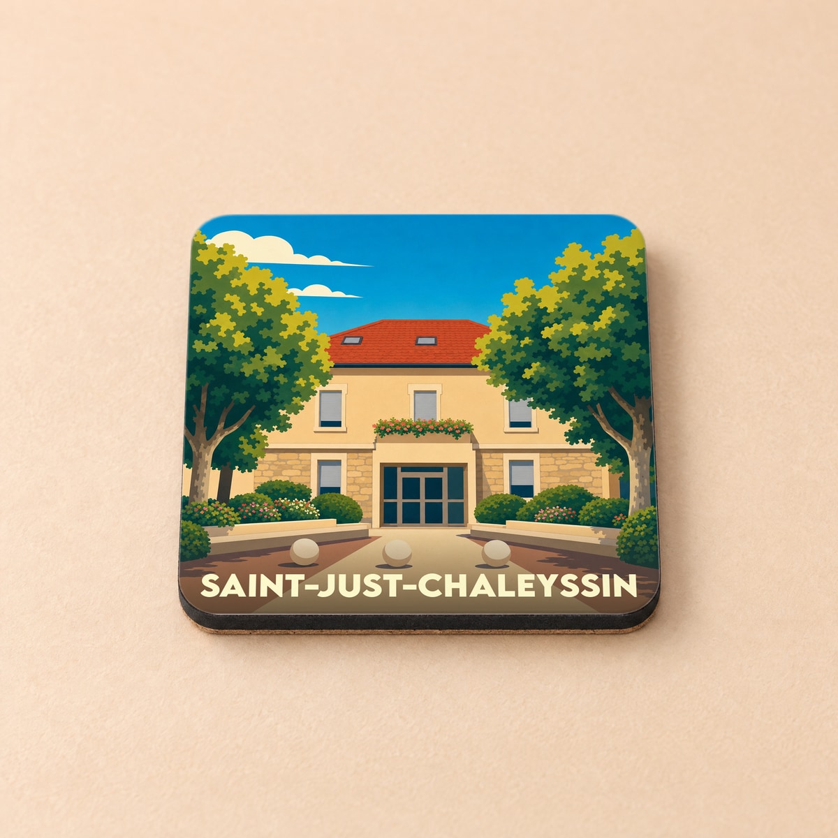 Dessous de verre souvenir de la ville de Saint-Just-Chaleyssin avec une illustration stylisée de sa mairie.