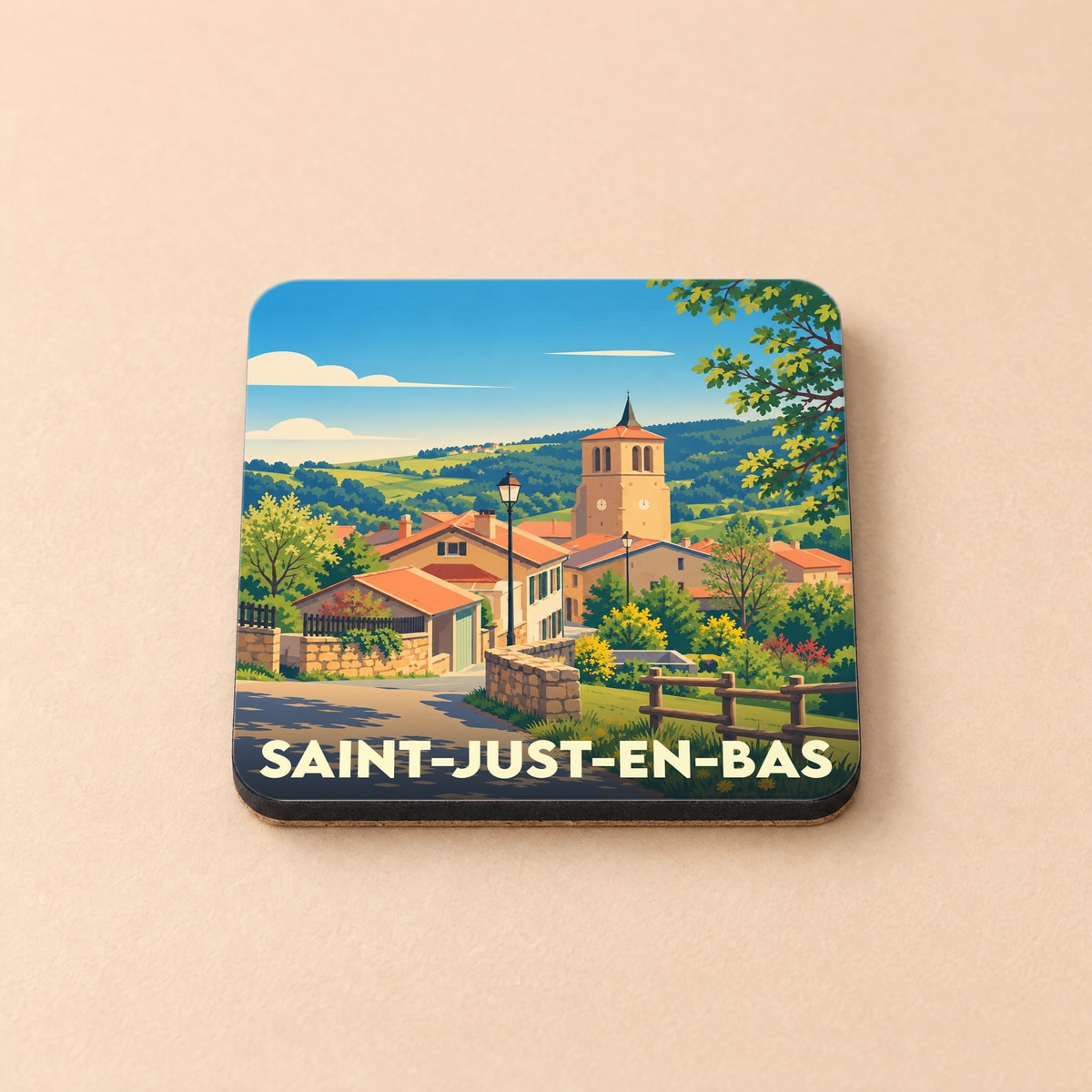 Dessous de verre souvenir de la ville de Saint-Just-en-Bas illustré d'un paysage de village pittoresque.