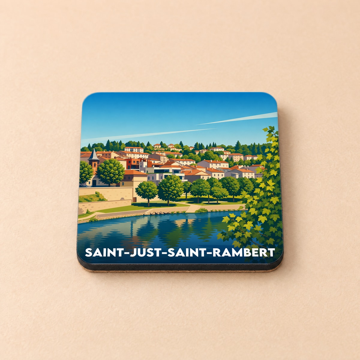 Dessous de verre souvenir de la ville de Saint-Just-Saint-Rambert avec une illustration stylisée des bords de Loire.