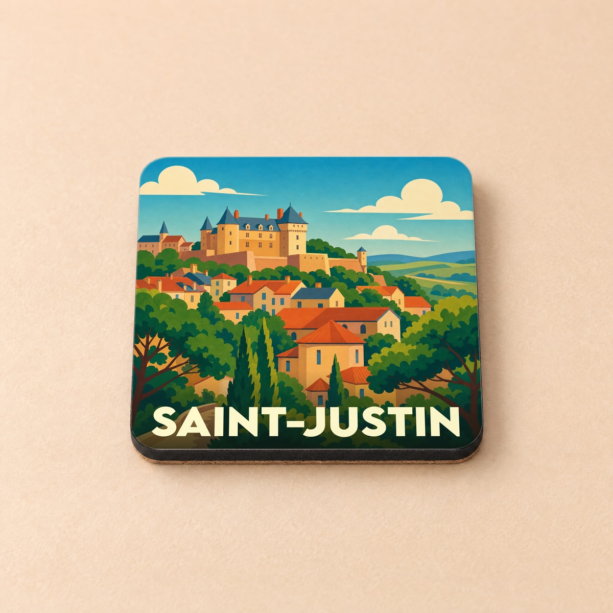 Dessous de verre souvenir de la ville de Saint-Justin avec une illustration stylisée.