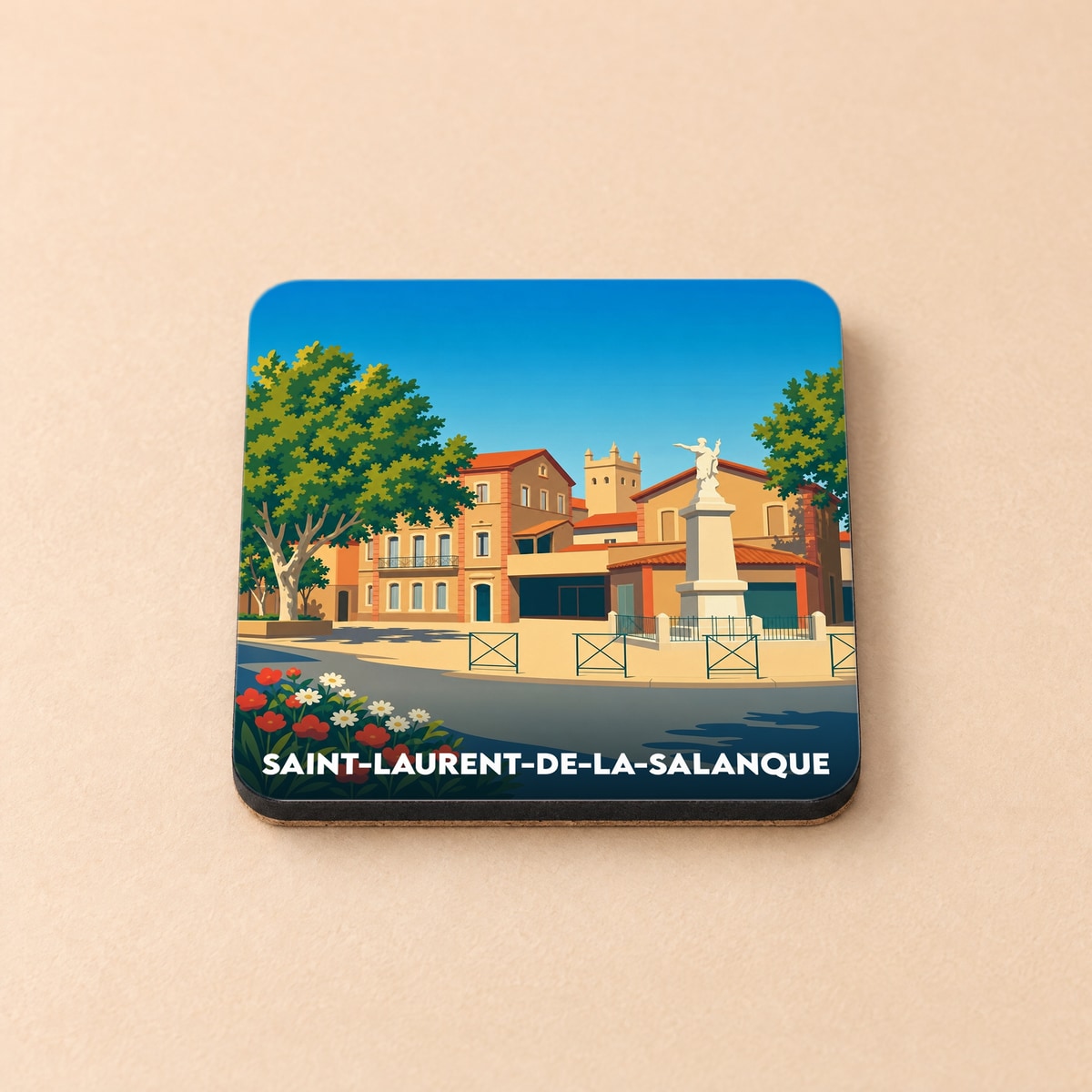 Dessous de verre souvenir de Saint-Laurent-de-la-Salanque avec une illustration stylisée de la place de la ville.