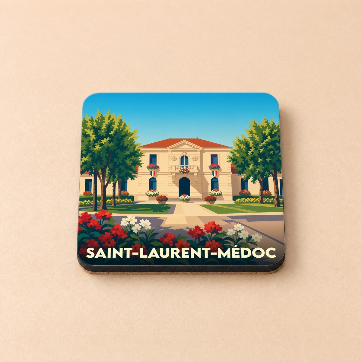 Dessous de verre souvenir de la ville de Saint-Laurent-Médoc avec une illustration stylisée de son hôtel de ville fleuri.