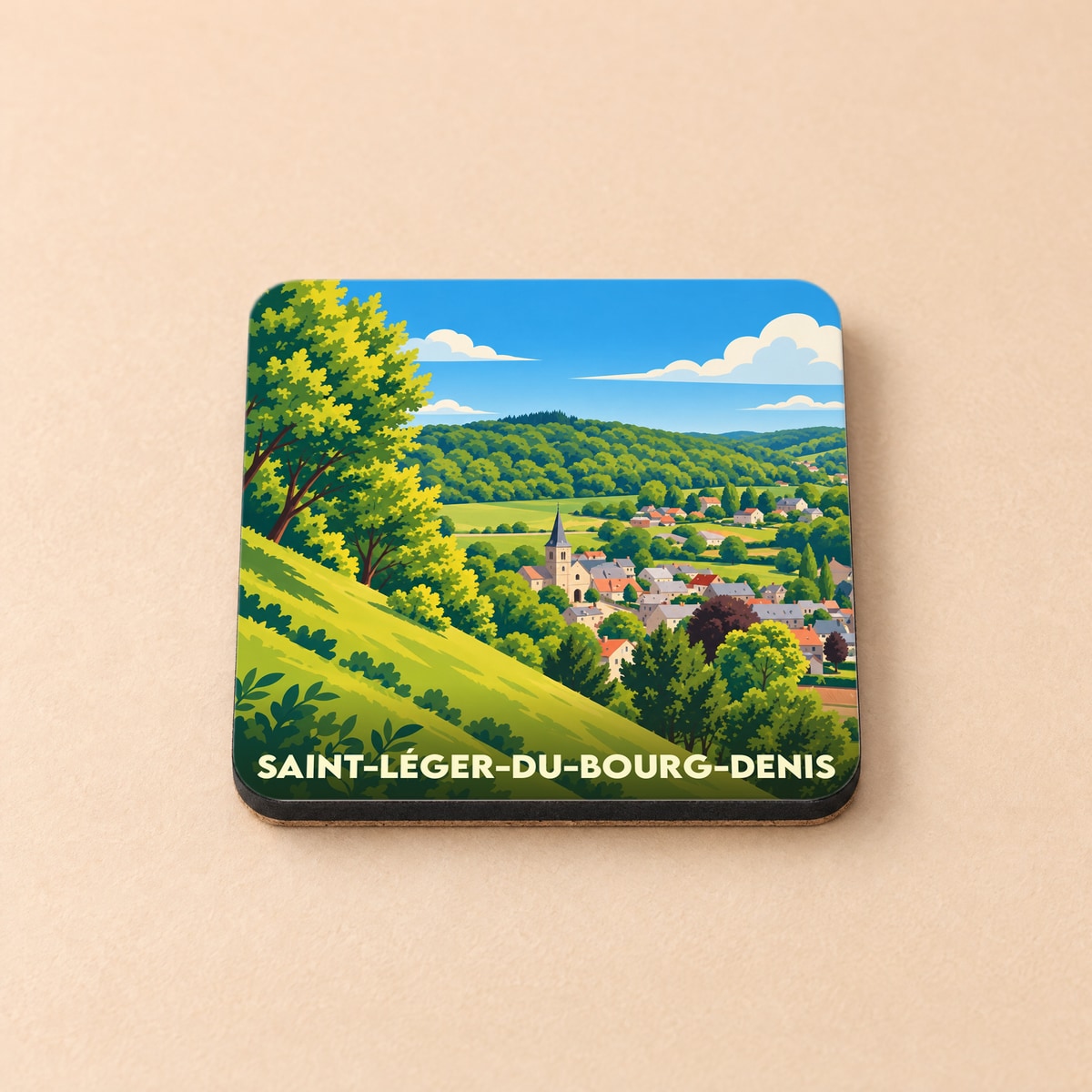 Dessous de verre souvenir de la ville de Saint-Léger-du-Bourg-Denis avec une illustration paysagère stylisée.