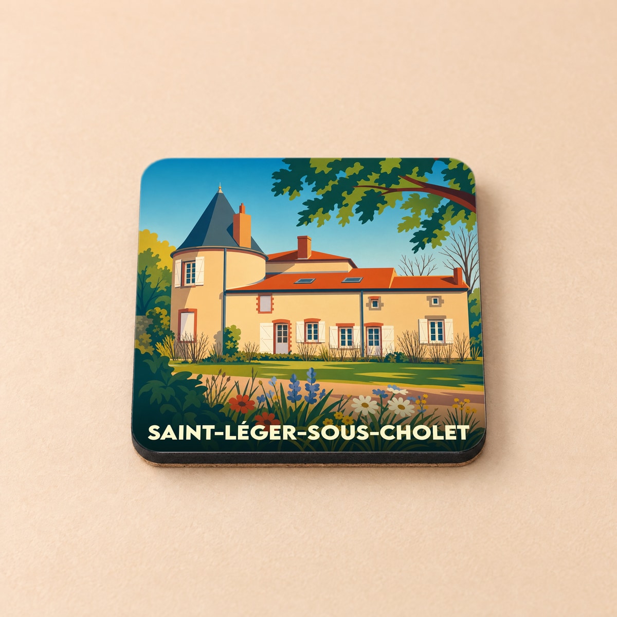 Dessous de verre souvenir de la ville de Saint-Léger-sous-Cholet avec une illustration stylisée d'un manoir fleuri.