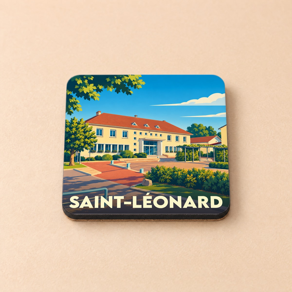 Dessous de verre souvenir de la ville de Saint-Léonard avec une illustration stylisée de sa mairie.