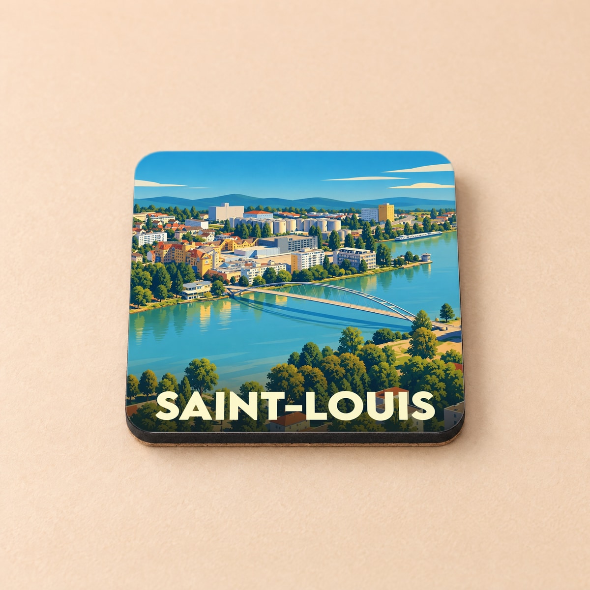 Dessous de verre souvenir de la ville de Saint-Louis avec une illustration stylisée des bords du Rhin.
