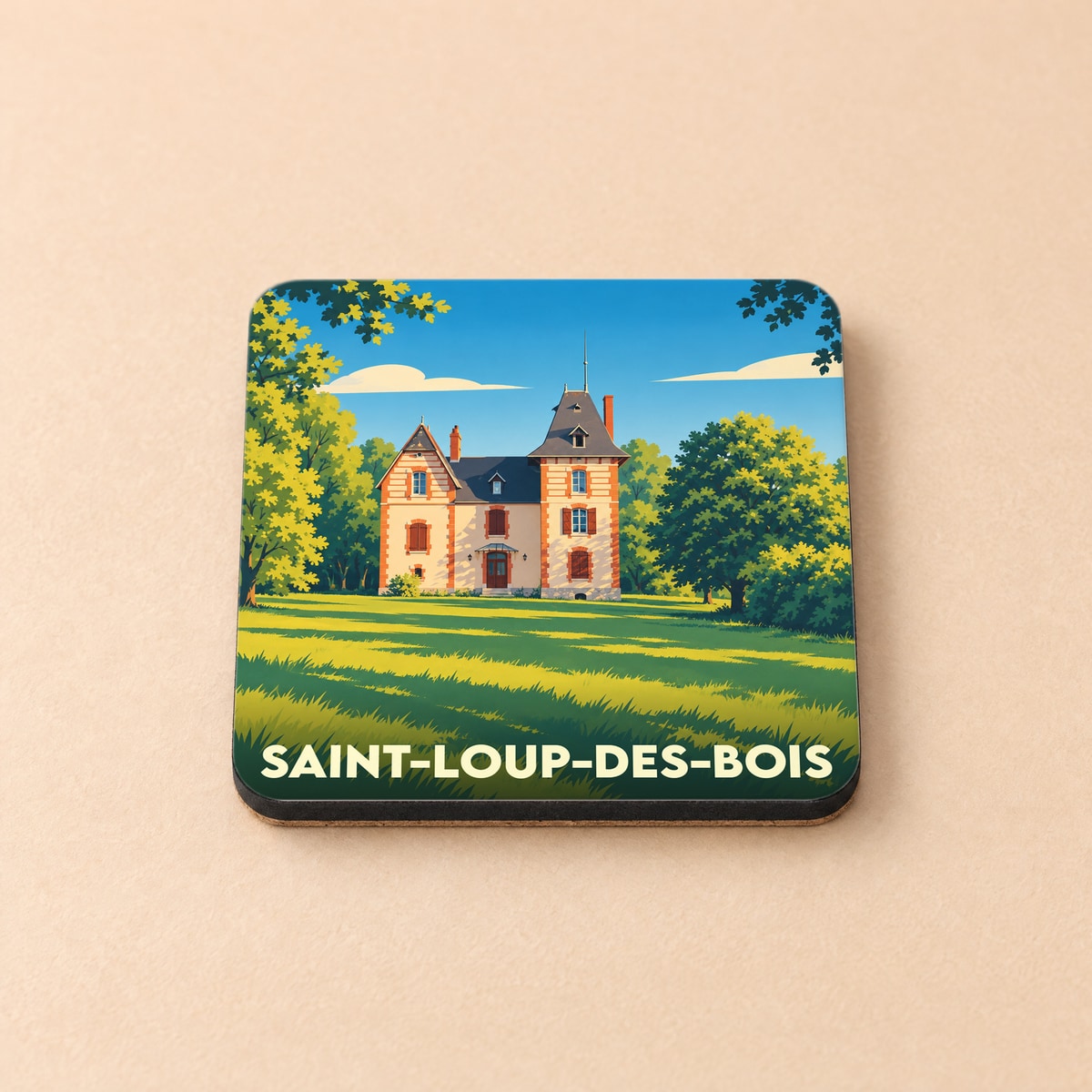 Dessous de verre souvenir de la ville de Saint-Loup-des-Bois avec une illustration stylisée d'une maison bourgeoise.