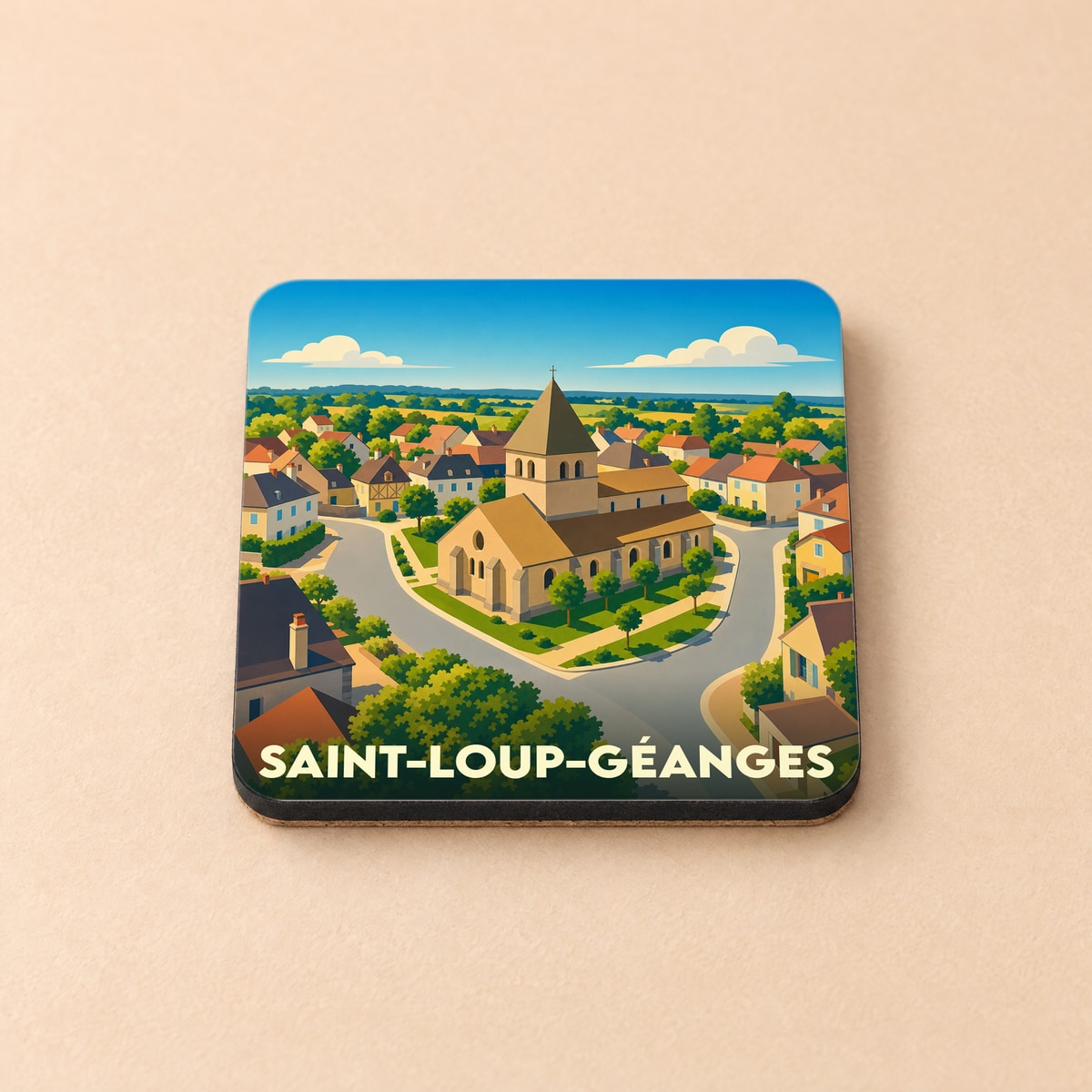 Dessous de verre souvenir de la ville de Saint-Loup-Géanges avec une illustration stylisée.