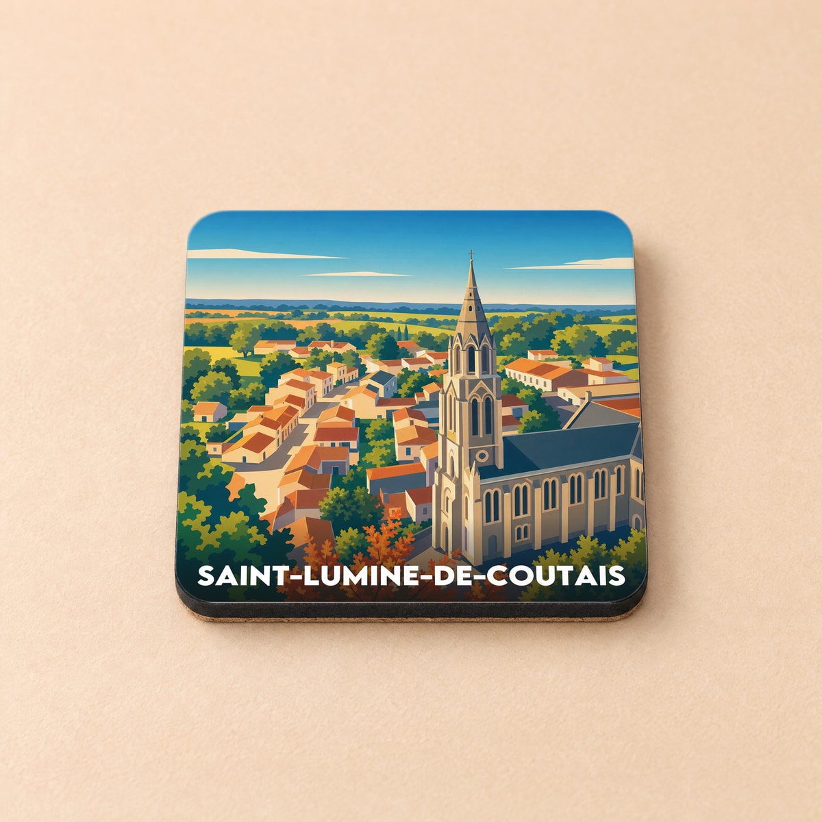 Dessous de verre souvenir de Saint-Lumine-de-Coutais illustrant l'église et les toits du village dans un style graphique épuré.