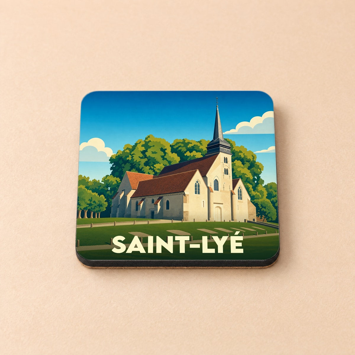 Dessous de verre souvenir de la ville de Saint-Lyé avec une illustration stylisée de son église.