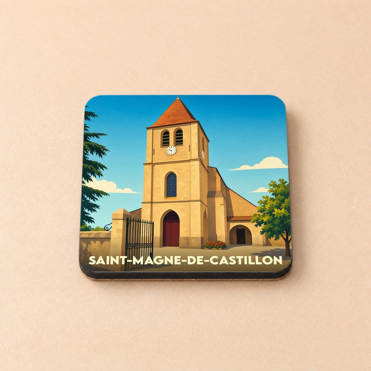 Dessous de verre souvenir de la ville de Saint-Magne-de-Castillon avec une illustration stylisée de son église.