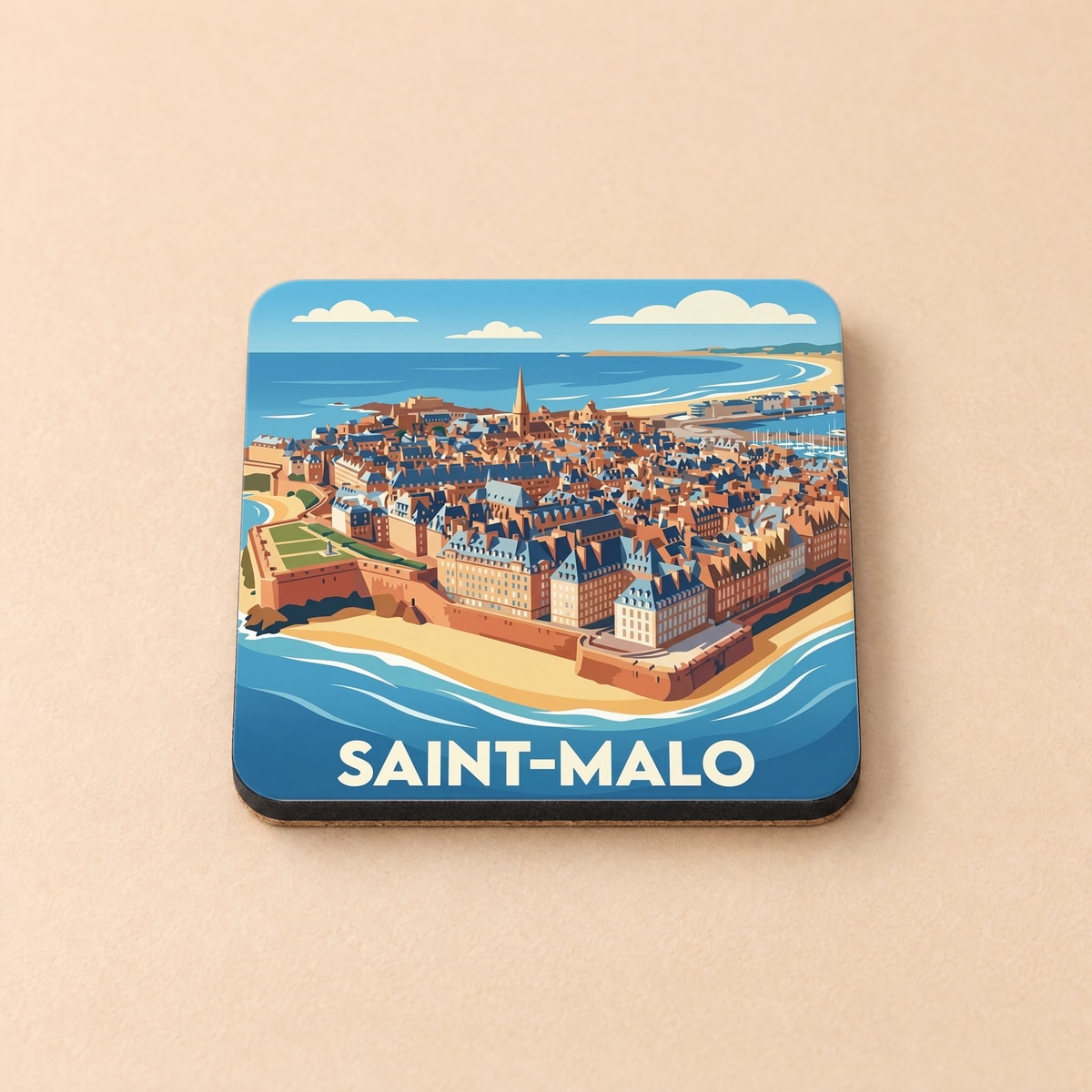 Dessous de verre souvenir de la ville de Saint-Malo avec une illustration stylisée.