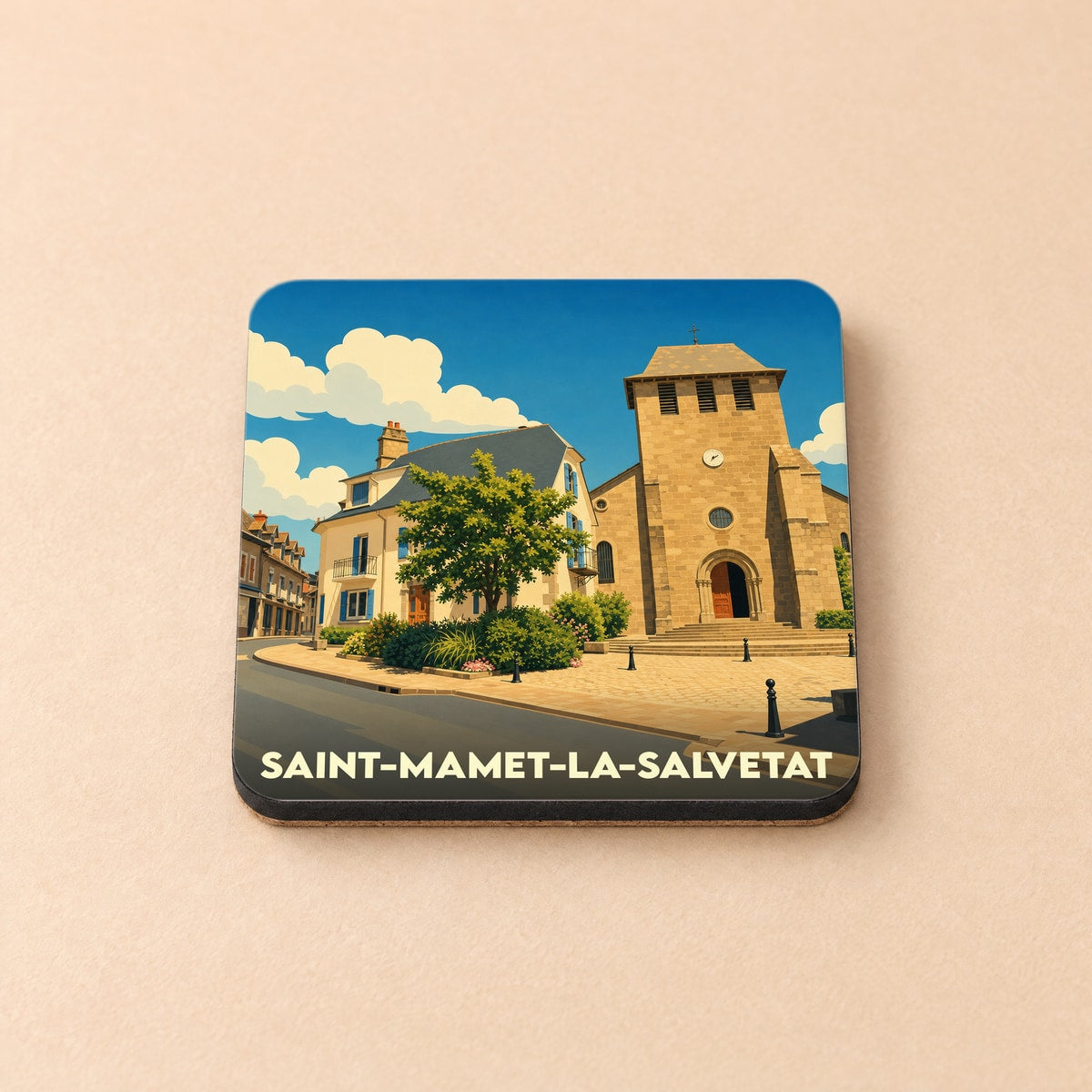 Dessous de verre souvenir de la ville de Saint-Mamet-la-Salvetat avec une illustration stylisée.