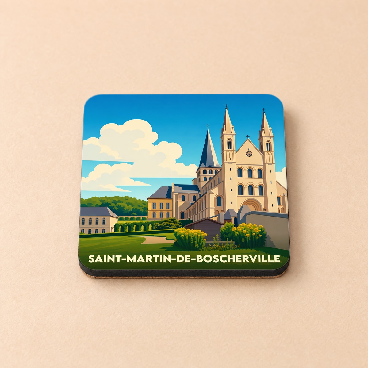 Dessous de verre souvenir de la ville de Saint-Martin-de-Boscherville avec une illustration stylisée de son abbaye.