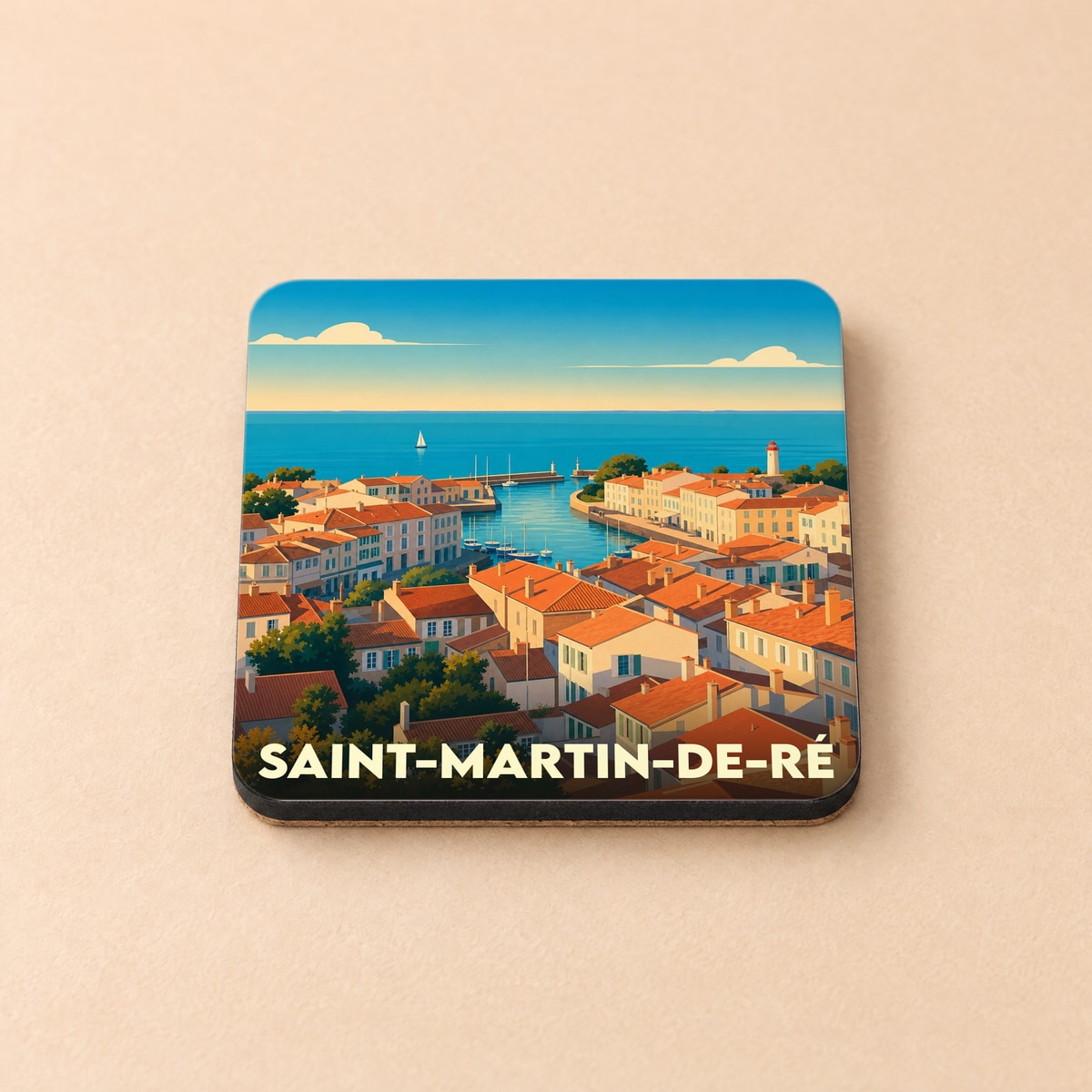 Dessous de verre souvenir de la ville de Saint-Martin-de-Ré avec une illustration stylisée de son port.