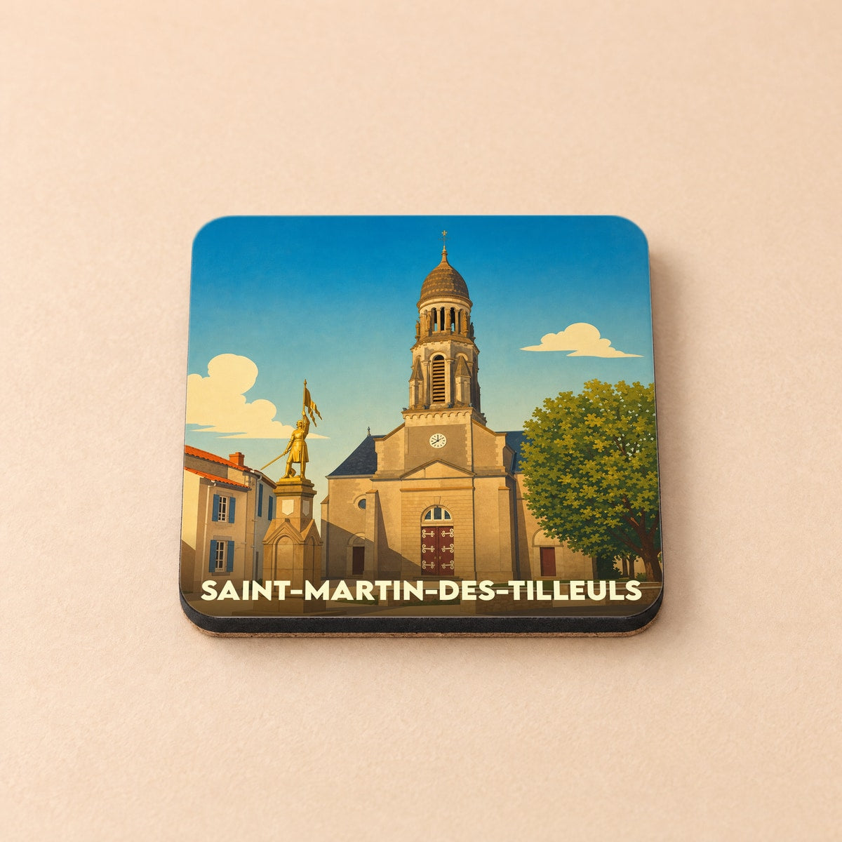 Dessous de verre souvenir de la ville de Saint-Martin-des-Tilleuls avec une illustration stylisée de son église et de sa statue.