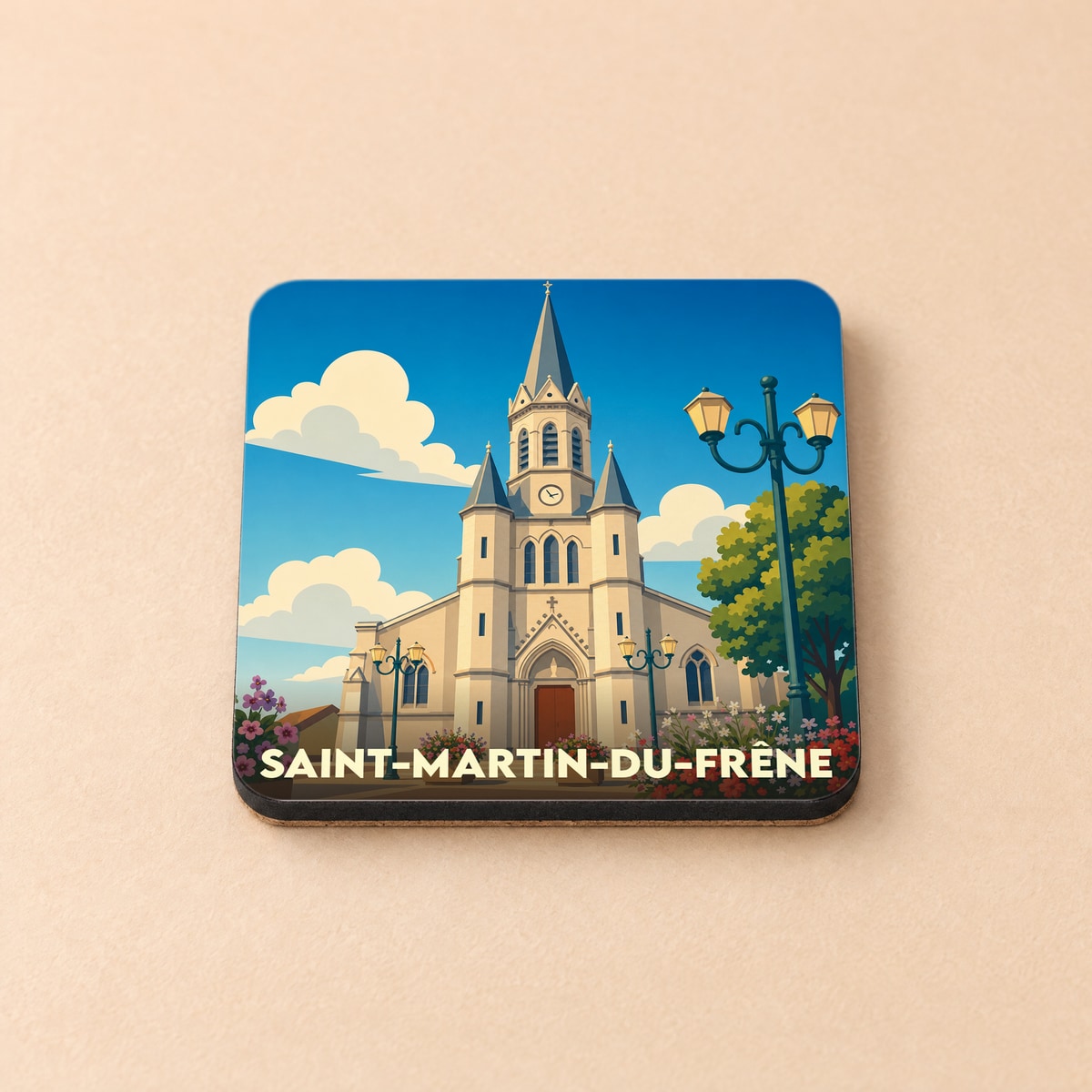 Dessous de verre souvenir de la ville de Saint-Martin-du-Frêne avec une illustration stylisée de son église sous un ciel bleu.