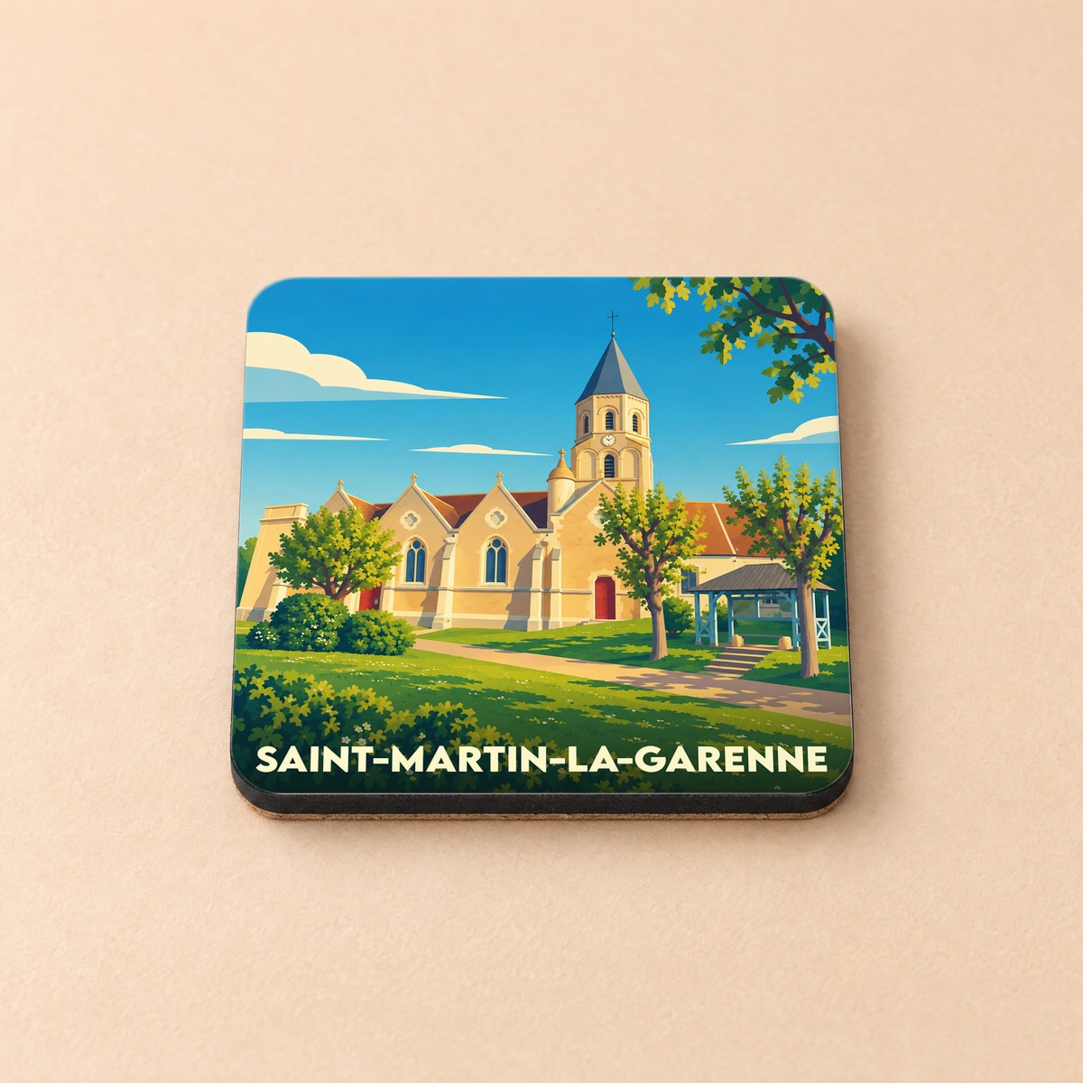 Dessous de verre souvenir de Saint-Martin-la-Garenne avec une illustration colorée de l'église locale.