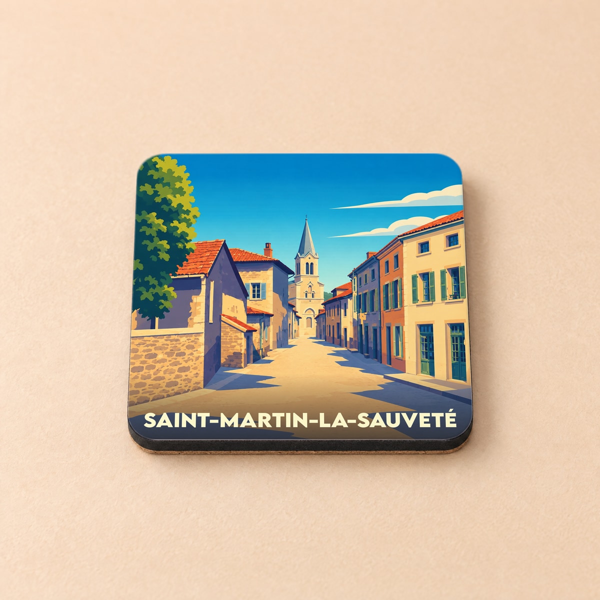 Dessous de verre souvenir de la ville de Saint-Martin-la-Sauveté avec une illustration stylisée d'une rue ensoleillée menant au clocher.